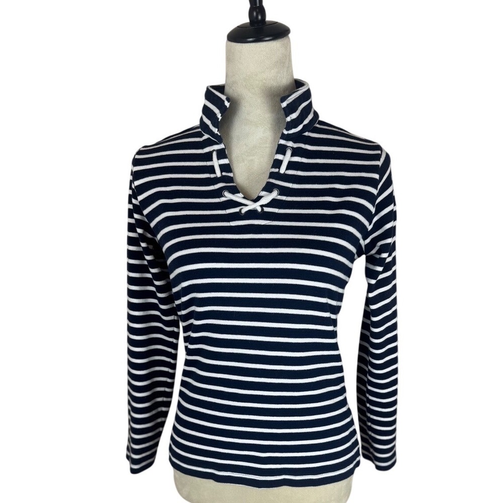 Voile Bleue Navy White Stripe Lace Up Mock‎ Neck Long Sleeve Top Women's